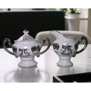 VTG Norcrest Fine China 25th Silver Anniversary Sugar & Creamer Set 4.5" L-258